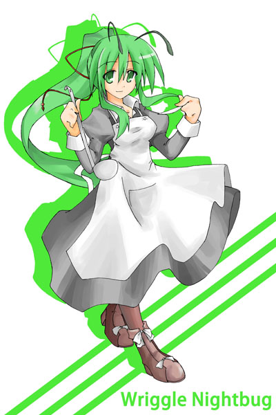 hemogurobin a1c, hemogurobina1c, wriggle nightbug, touhou, 1girl, antennae, apron, female focus, green eyes, green hair, ladle, long hair, maid, maid apron, matching hair/eyes, ponytail, solo