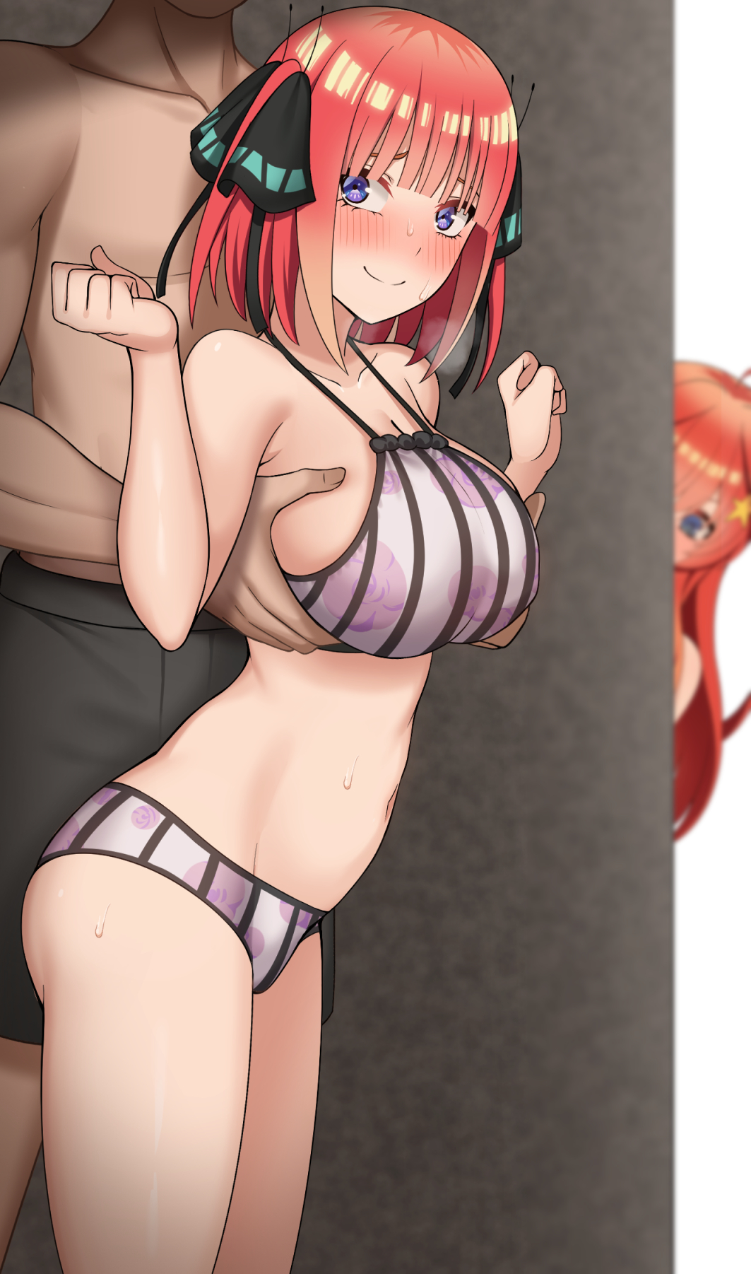 komainu (yamaha1997), nakano itsuki, nakano nino, go-toubun no hanayome, highres, 1boy, 2girls, bare shoulders, bikini, blush, breasts, butterfly hair ornament, cleavage, closed mouth, collarbone, grabbing from behind, groping, hair ornament, hair ribbon, large breasts, long hair, looking up, medium hair, multiple girls, navel, pink bikini, pink hair, purple eyes, red hair, ribbon, smile, solo focus, star (symbol), star hair ornament, stomach, striped bikini, striped clothes, sweat, swimsuit, thighs, two side up, vertical-striped bikini, vertical-striped clothes, white background