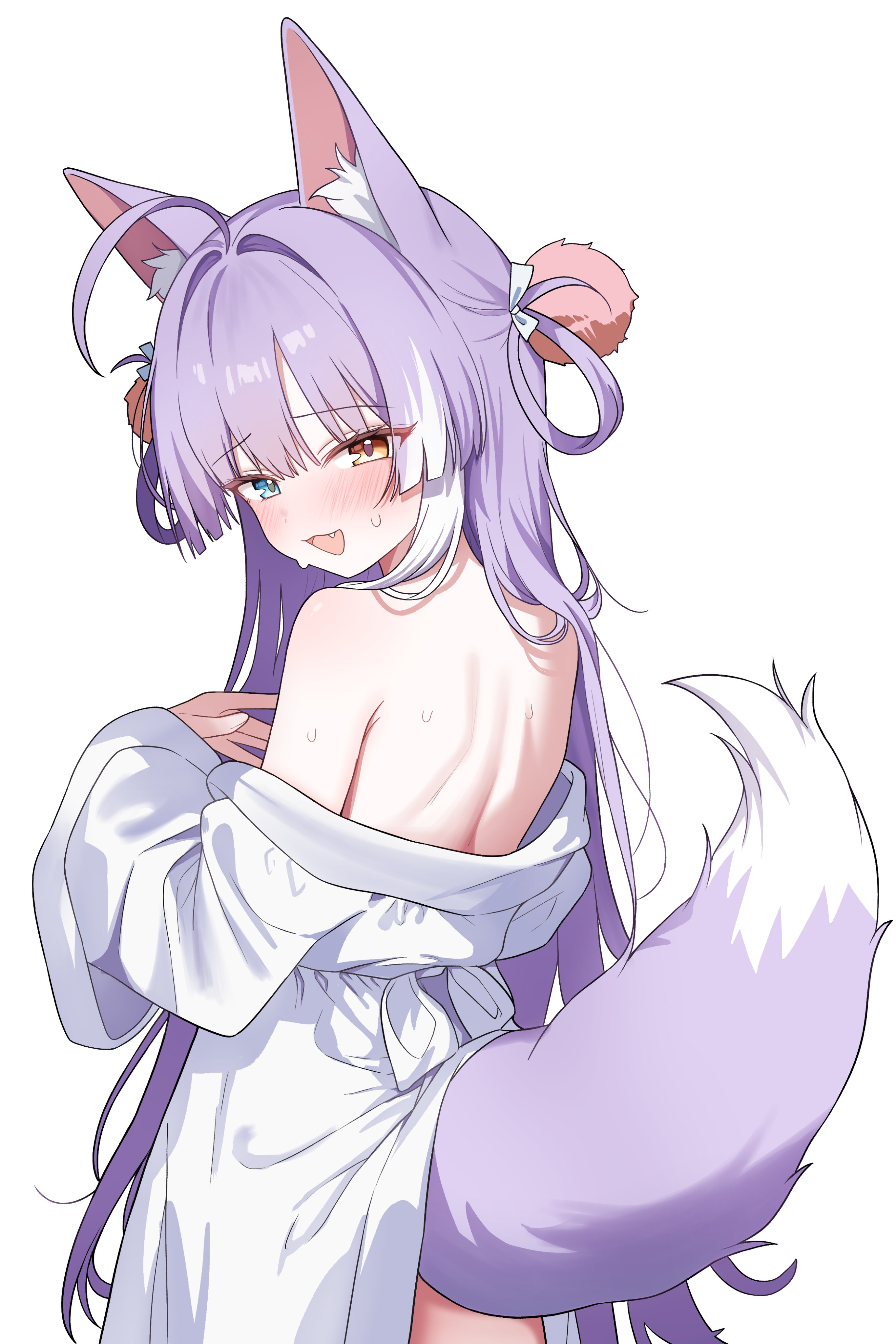 saho 4545, tenko shibuki, stellive, absurdres, highres, 1girl, ahoge, animal ears, bare back, bare shoulders, bathrobe, blue eyes, blush, cowboy shot, fang, fox ears, fox girl, fox tail, from behind, hair rings, heterochromia, long hair, looking at viewer, looking back, median furrow, open mouth, purple hair, simple background, smile, solo, sweat, tail, very long hair, virtual youtuber, white background, white bathrobe, yellow eyes