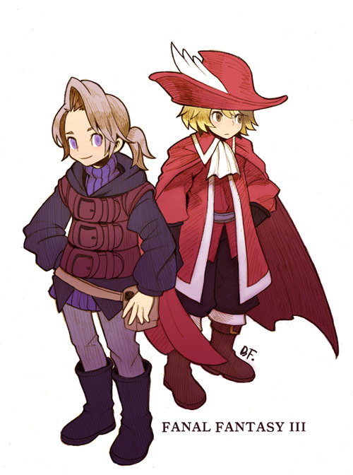 bf. (sogogiching), ingus, luneth, final fantasy, final fantasy iii, square enix, archived source, commentary request, korean commentary, 2boys, arm at side, artist name, ascot, belt, black boots, black gloves, black hood, black jacket, black pants, black sleeves, blonde hair, boots, bow, brown bag, brown belt, brown bow, brown eyes, buckle, buckle boot, bycocket, cape, closed mouth, coat, collared coat, collared sweater, copyright name, feathers, full body, gloves, gold buckle, grey hair, grey pants, hair between eyes, hand on own hip, hat, hat feather, high collar, hood, hood down, hooded jacket, jacket, legs apart, light frown, looking at viewer, looking to the side, low ponytail, multiple boys, pants, ponytail, purple eyes, purple pupils, purple sash, purple sweater, red cape, red coat, red hat, red shirt, red sleeves, ribbed sweater, sash, shirt, signature, simple background, single hair intake, sleeve cuffs, smile, standing, sweater, turtleneck, turtleneck sweater, waist bag, white ascot, white background, white feathers, wing collar