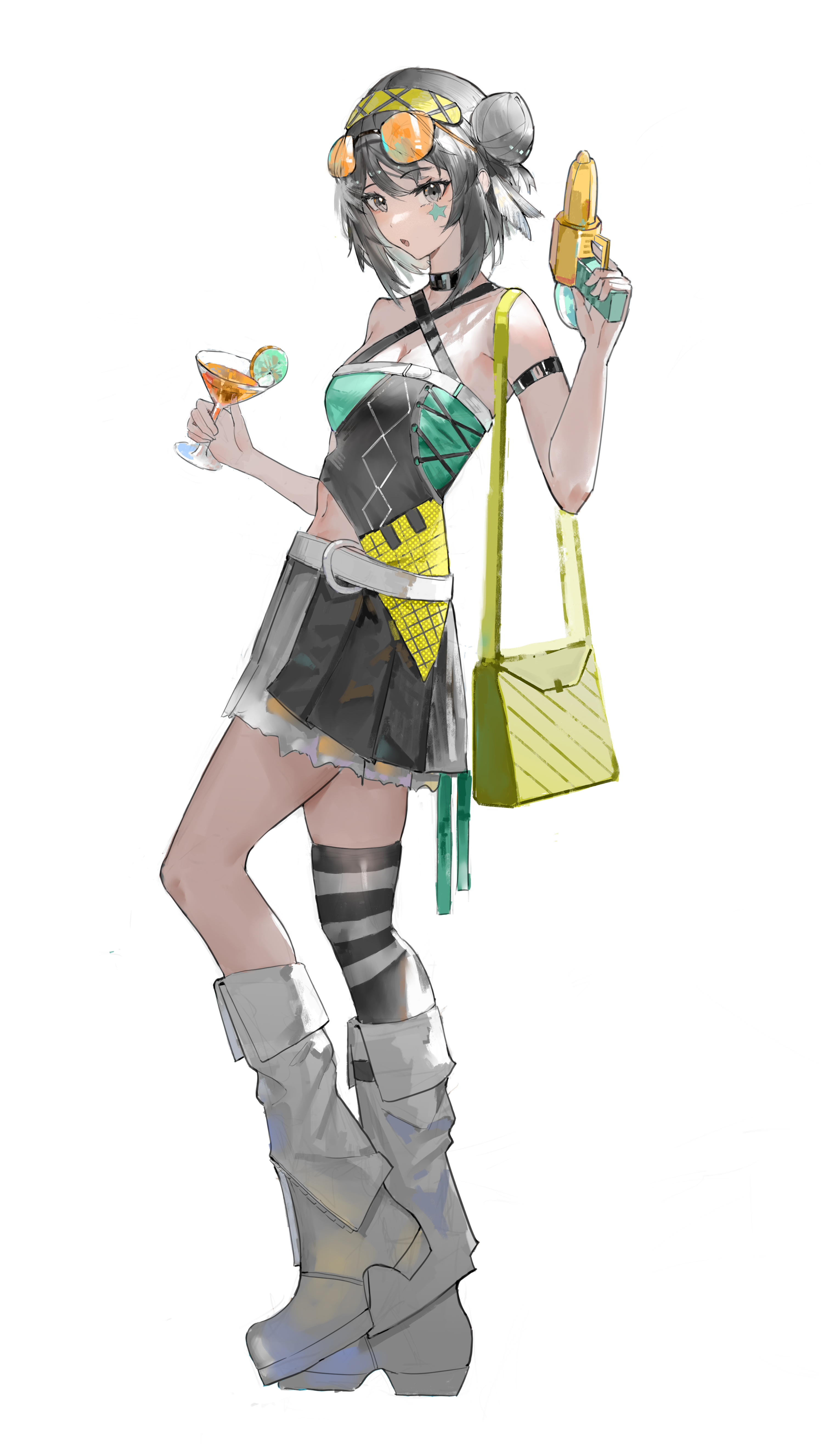 la pluma (arknights), arknights, absurdres, commentary, english commentary, highres, 1girl, :o, alternate costume, arm strap, armpit peek, bare shoulders, belt, black choker, black shirt, black skirt, black thighhighs, boots, breasts, choker, cleavage, clothing cutout, cocktail glass, criss-cross halter, cup, drinking glass, eyewear on head, facial mark, from side, full body, garnish, green bag, grey eyes, grey hair, hair bun, hairband, halterneck, hands up, heart, heart facial mark, high heel boots, high heels, holding, holding water gun, knee boots, layered skirt, light blush, looking at viewer, medium breasts, medium hair, melancholinnist, midriff, navel, open mouth, shirt, sidelocks, simple background, single thighhigh, skirt, sleeveless, sleeveless shirt, solo, standing, standing on one leg, stomach cutout, striped clothes, striped thighhighs, sunglasses, tachi-e, thighhighs, tinted eyewear, water gun, white background, white belt, white boots, yellow-tinted eyewear, yellow hairband