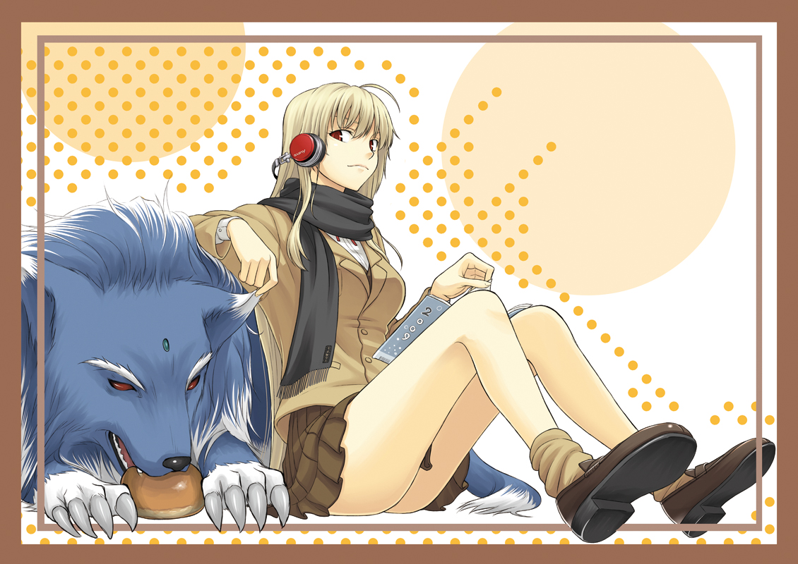 nakayama yukiji, fate testarossa, zafira, lyrical nanoha, mahou shoujo lyrical nanoha, 00s, blonde hair, headphones, long hair, red eyes, scarf, sitting, solo