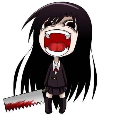 shimuni, katsura kotonoha, school days, jpeg artifacts, lowres, black hair, blood, chibi, cleaver, crazy eyes, creepy, laughing, long hair, school uniform, skirt, socks, weapon, yandere