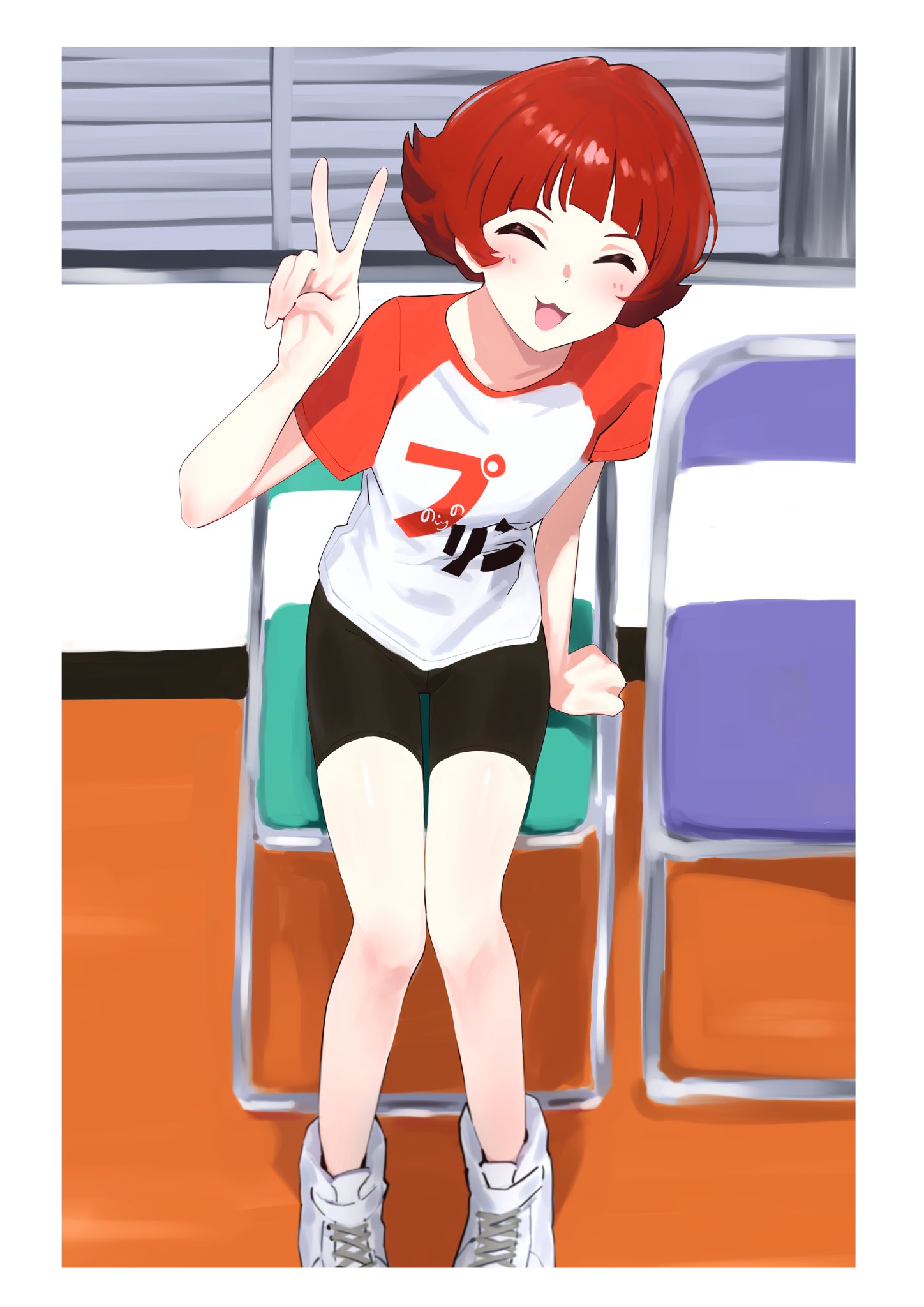 yabukara, nonohara akane, idolmaster, idolmaster million live!, highres, 1girl, :3, bike shorts, border, chair, closed eyes, facing viewer, folding chair, full body, hand up, indoors, on chair, open mouth, red hair, shirt, shoes, short hair, short sleeves, sitting, smile, sneakers, solo, t-shirt, thigh gap, v, white border, white shoes
