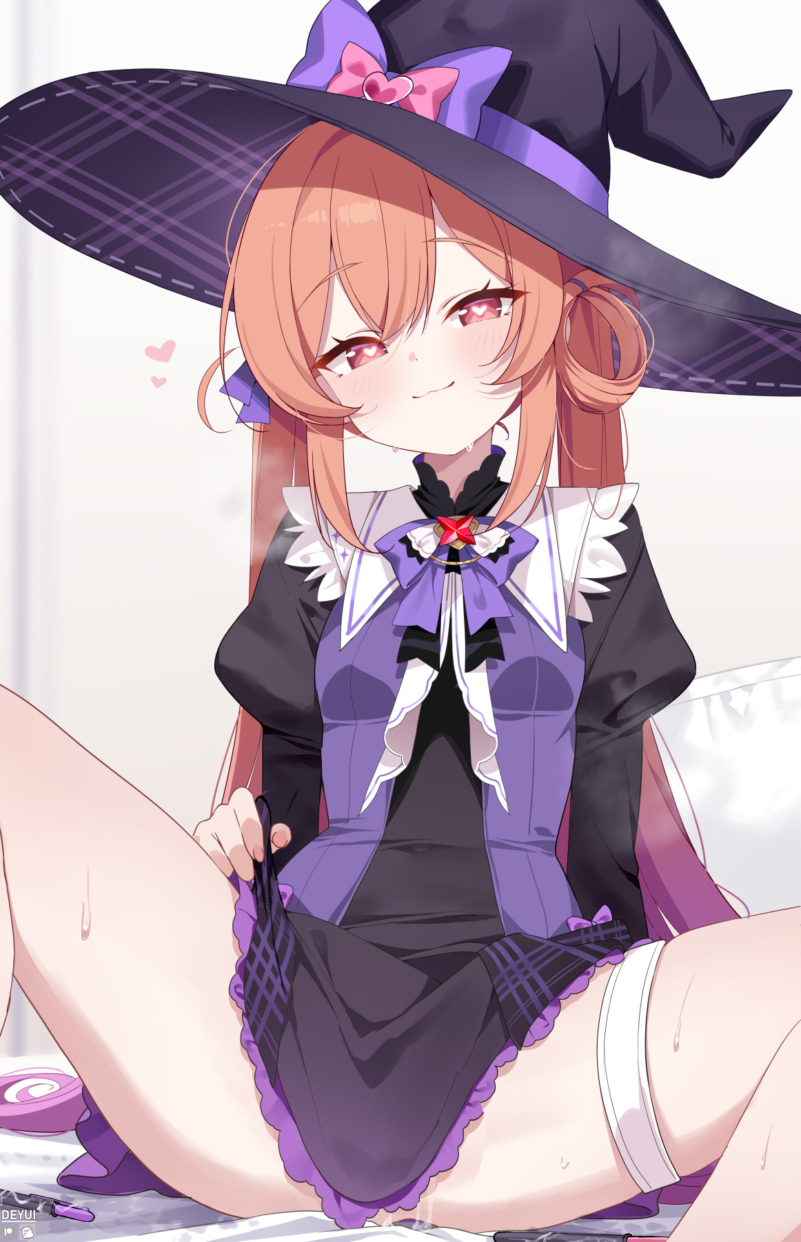 deyui, stella sora, commentary, highres, 1girl, :3, black dress, bow, bowtie, breasts, closed mouth, covered navel, dress, hair rings, hat, heart, heart-shaped pupils, juliet sleeves, long hair, long sleeves, looking at viewer, mistique (stella sora), orange hair, puffy sleeves, purple bow, purple bowtie, purple hat, pussy juice, red eyes, short dress, simple background, single hair ring, sitting, small breasts, solo, spread legs, symbol-shaped pupils, teasing, thigh strap, twintails, twitter strip game, very long hair, white background, witch hat