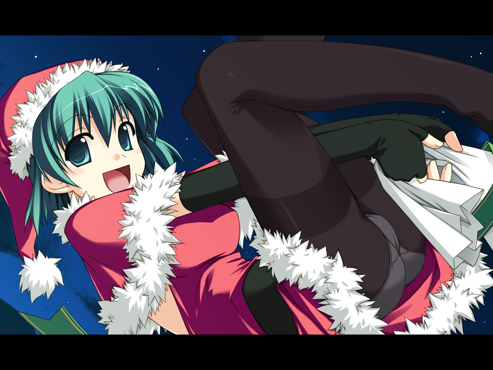 shikei, sike, original, highres, 1girl, christmas, elbow gloves, female focus, fingerless gloves, gloves, green eyes, green hair, hat, letterboxed, matching hair/eyes, panties, panties under pantyhose, pantyhose, santa costume, santa hat, short hair, solo, underwear