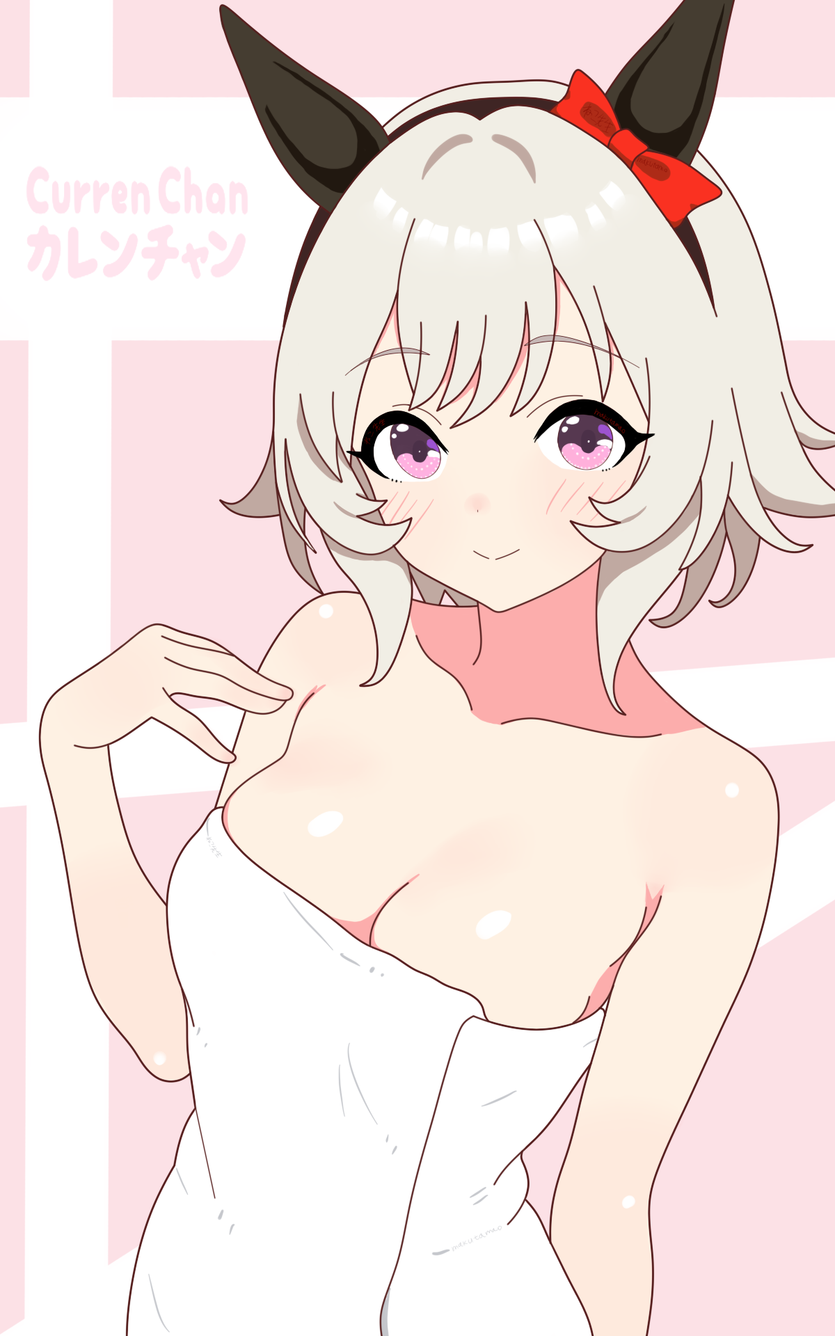 nekosensei, curren chan (umamusume), umamusume, highres, 1girl, animal ears, bare shoulders, black hairband, blush, bow, breasts, cleavage, closed mouth, ear bow, ear covers, grey hair, hair between eyes, hairband, horse ears, horse girl, looking at viewer, medium breasts, naked towel, purple eyes, red bow, short hair, smile, solo, towel, upper body