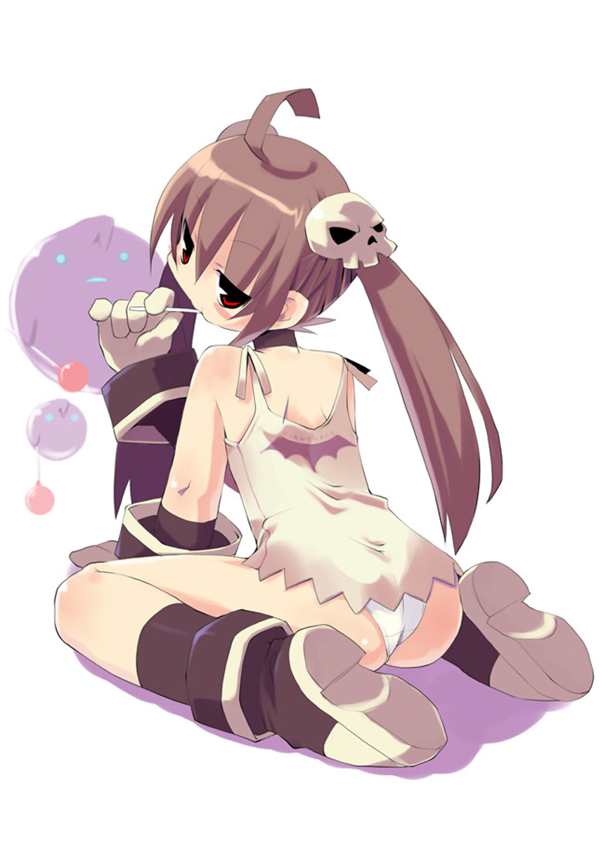 zankuro, henrietta (zankuro), original, highres, 1girl, ahoge, ass, boots, brown hair, candy, choker, dress, female focus, food, gloves, lollipop, panties, pantyshot, red eyes, sitting, skull, solo, twintails, underwear