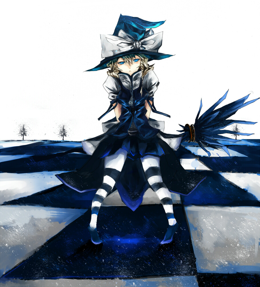 makai no juumin, kirisame marisa, touhou, bad id, bad pixiv id, 1girl, blonde hair, blue eyes, braid, broom, broom riding, checkered floor, female focus, floor, full body, hat, skirt, solo, striped clothes, striped thighhighs, thighhighs, tree, vanishing point, witch, witch hat
