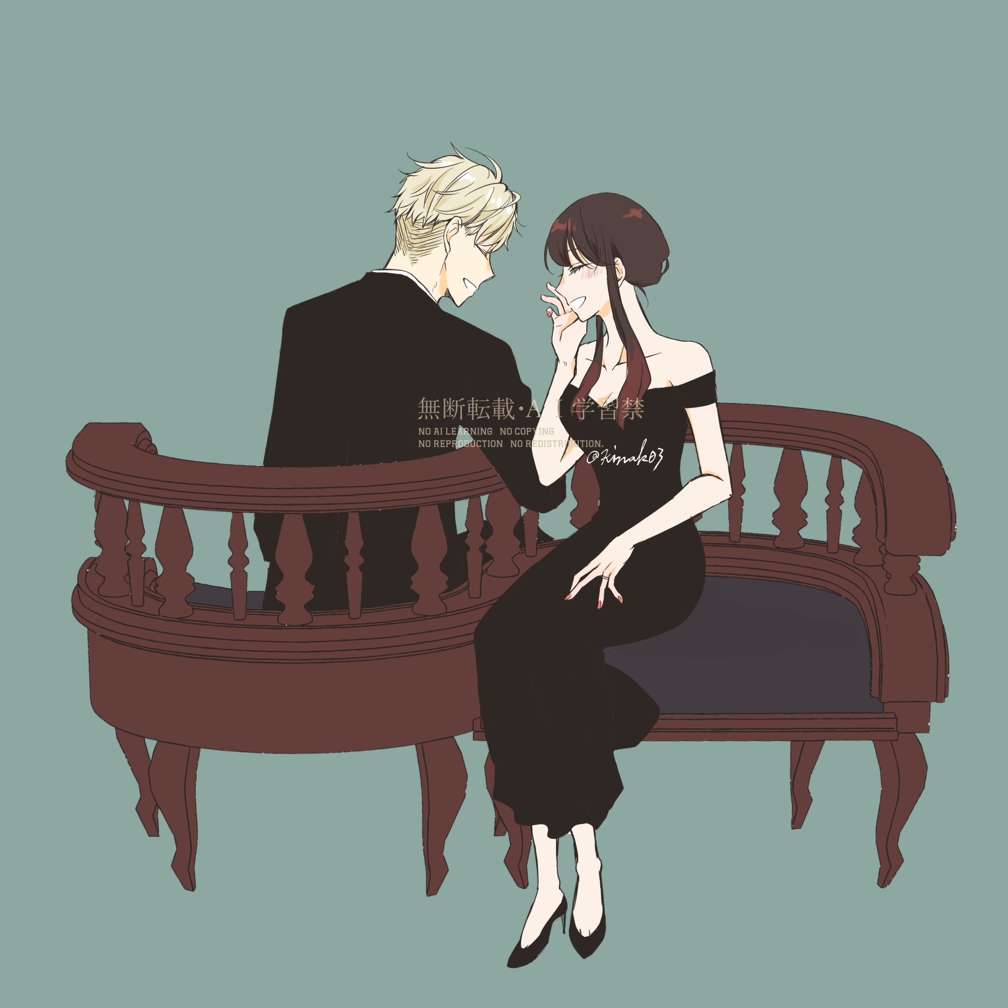 twilight (spy x family), yor briar, spy x family, highres, 1boy, 1girl, bare shoulders, black dress, black jacket, black shoes, black suit, blonde hair, breasts, brown hair, cleavage, closed eyes, dress, formal clothes, hand to own mouth, jacket, kinak03, laughing, long dress, long hair, medium breasts, off-shoulder dress, off shoulder, parted lips, shoes, short hair, sidelocks, sitting, smile, suit, suit jacket, teeth, twitter username, updo