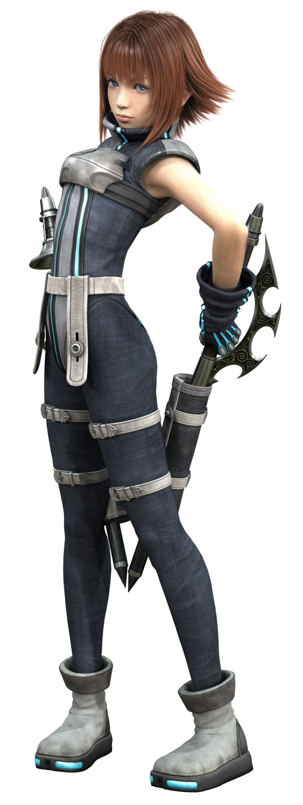 shelke the transparent, dirge of cerberus final fantasy vii, final fantasy, final fantasy vii, absurdres, highres, official art, 1990s (style), 1girl, 3d, blue eyes, bodysuit, brown hair, female focus, retro artstyle, short hair, solo, spiked hair, weapon