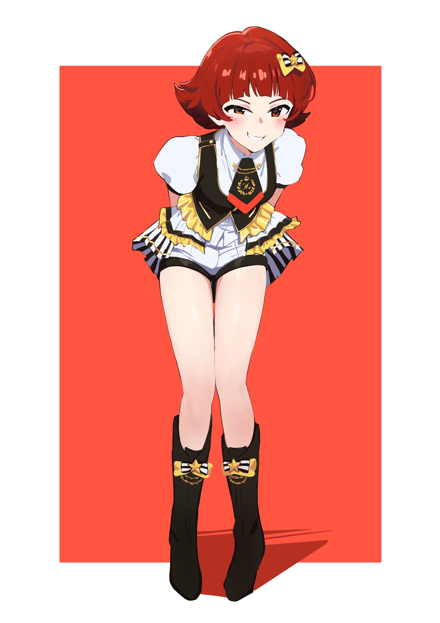 yabukara, nonohara akane, idolmaster, idolmaster million live!, highres, 1girl, arms behind back, black boots, black vest, blush, boots, border, bow, brown eyes, full body, grin, hair bow, hair ornament, leaning forward, looking at viewer, outside border, puffy short sleeves, puffy sleeves, red background, red hair, short sleeves, shorts, showgirl skirt, simple background, smile, solo, standing, star (symbol), star hair ornament, vest, white border, white shorts, yellow bow