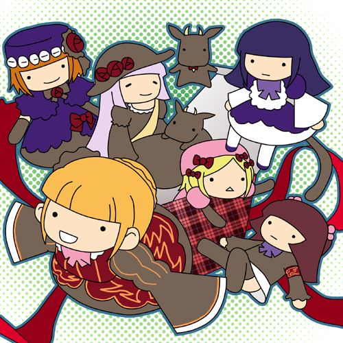 kashiwa kiseri, beatrice (umineko), eva beatrice, frederica bernkastel, goatman (umineko), lambdadelta, ushiromiya ange, virgilia (umineko), 07th expansion, no naku koro ni (series), umineko no naku koro ni, silver hair, lowres, 00s, 6+girls, :<, :d, blonde hair, blue hair, blunt bangs, chibi, closed eyes, dress, flower, goat, hair bobbles, hair ornament, hat, multiple girls, open mouth, orange hair, pink hat, red hair, ribbon, rose, short hair, smile, triangle mouth, wide face