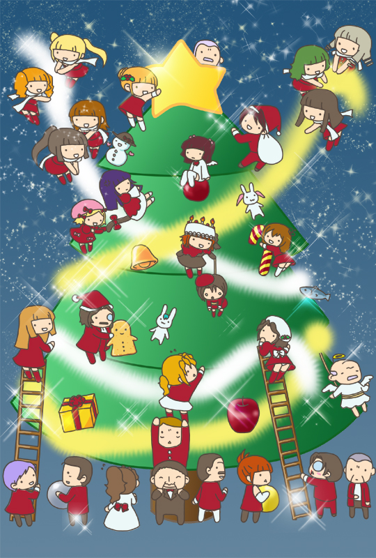 kashiwa kiseri, asmodeus (umineko), beatrice (umineko), beelzebub (umineko), belphegor (umineko), chiester410, chiester45, chiester sisters, eva beatrice, frederica bernkastel, gouda toshirou, kanon (umineko), lambdadelta, leviathan (umineko), lucifer (umineko), mammon (umineko), nanjou terumasa, ronove (umineko), satan (umineko), shannon (umineko), stakes of purgatory, ushiromiya ange, ushiromiya battler, ushiromiya eva, ushiromiya george, ushiromiya hideyoshi, ushiromiya jessica, ushiromiya kinzou, ushiromiya krauss, ushiromiya kyrie, ushiromiya maria, ushiromiya natsuhi, ushiromiya rosa, ushiromiya rudolf, virgilia (umineko), 07th expansion, no naku koro ni (series), umineko no naku koro ni, 00s, 6+boys, 6+girls, :<, angel, angel wings, animal, animal ears, apple, bell, black hair, blonde hair, blue hair, blush, brown hair, cake, candle, candy, candy cane, chibi, christmas, christmas tree, dress, everyone, facial hair, fish, food, formal clothes, fruit, gift, glasses, green hair, hair bobbles, hair ornament, happy, hat, monocle, multiple boys, multiple girls, mustache, orange hair, pastry, rabbit, red hair, ribbon, santa costume, short hair, snowman, star (symbol), suit, triangle mouth, twintails, wings
