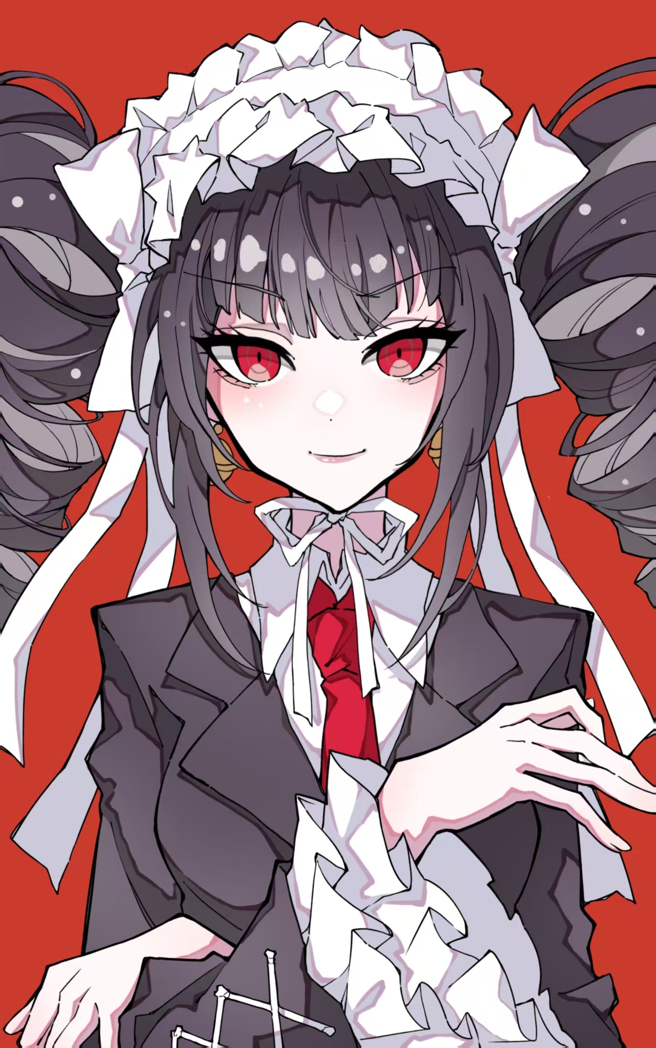 lulutmi, celestia ludenberg, danganronpa: trigger happy havoc, danganronpa (series), commentary, highres, 1girl, black hair, black jacket, bonnet, drill hair, earrings, eyelashes, gothic lolita, jacket, jewelry, light blush, lolita fashion, long hair, long sleeves, looking at viewer, necktie, red background, red eyes, red necktie, ribbon, ringed eyes, shirt, smile, solo, twin drills, twintails, upper body, v-bangs, white ribbon