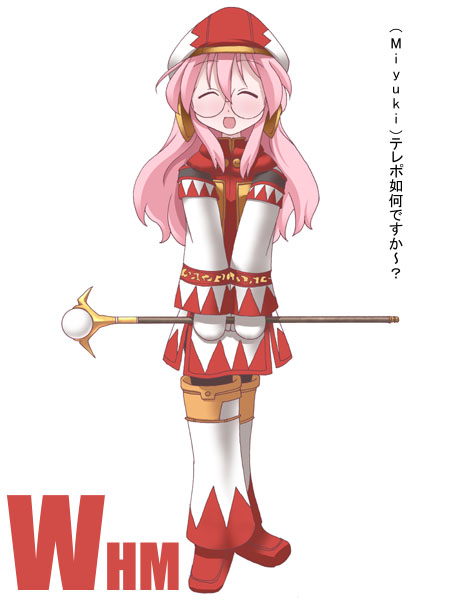 kaji sakaki, takara miyuki, white mage (final fantasy), final fantasy, final fantasy xi, lucky star, bad id, bad pixiv id, 1girl, closed eyes, cosplay, female focus, full body, glasses, happy, long hair, mittens, pink hair, robe, simple background, smile, solo, staff, white mittens