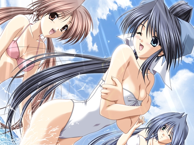 aoi hatori, kazusagawa mizuha, shinomiya kaoru, tachibana kasumi, doki doki princess, game cg, 3girls, bikini, black hair, blue eyes, blue hair, brown eyes, brown hair, day, dutch angle, green eyes, long hair, multiple girls, ponytail, swimsuit