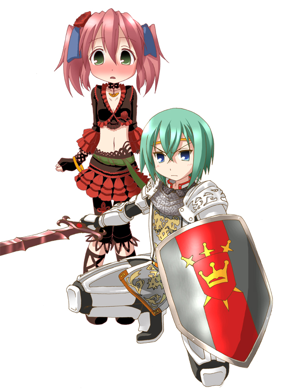 kaji sakaki, iwasaki minami, kobayakawa yutaka, final fantasy, final fantasy xi, lucky star, bad id, bad pixiv id, 00s, 2girls, armor, blue eyes, blush, dancer, green eyes, green hair, holding, holding sword, holding weapon, kneeling, knight, midriff, multiple girls, on one knee, pink hair, shield, skirt, standing, sword, weapon