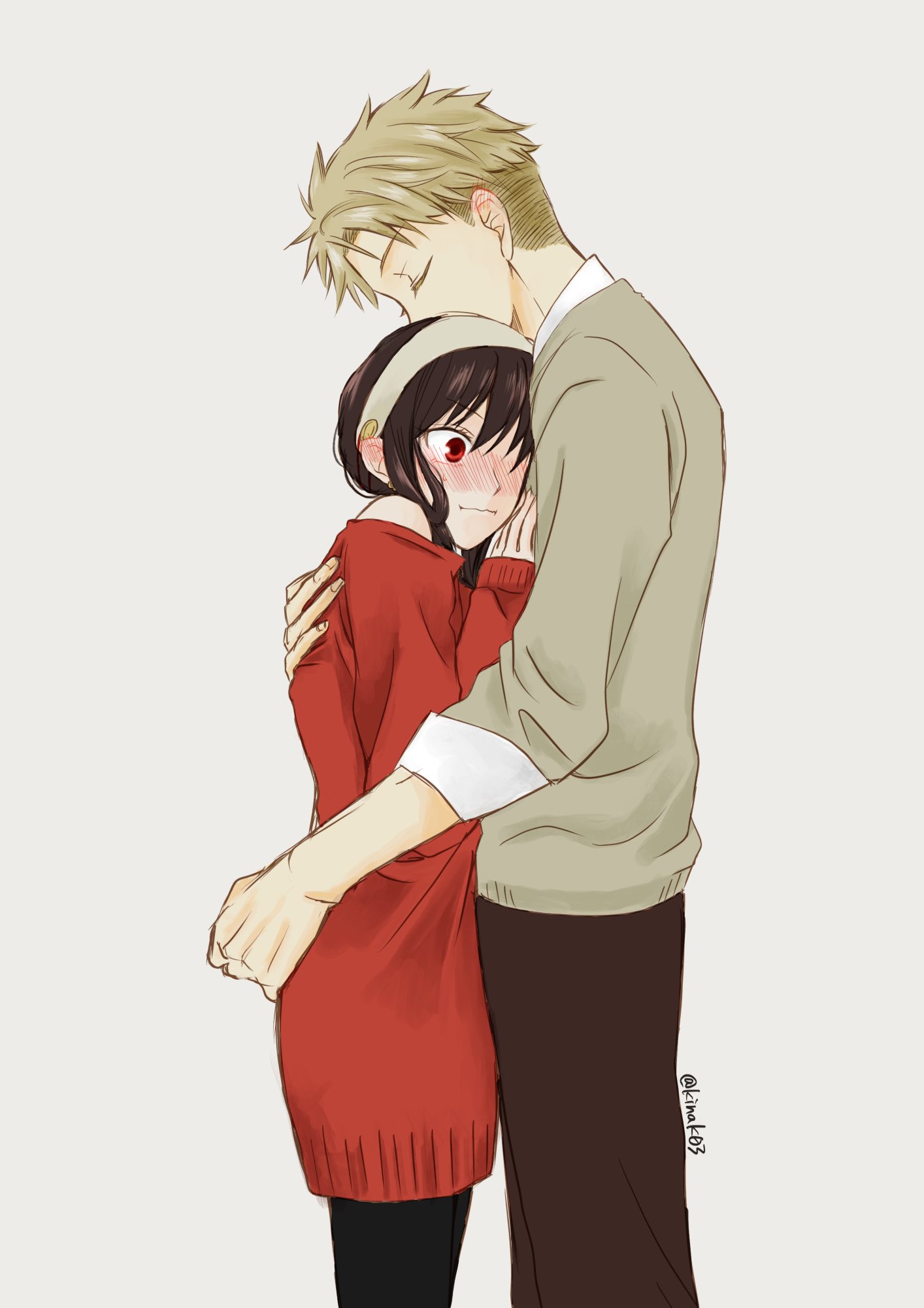twilight (spy x family), yor briar, spy x family, highres, 1boy, 1girl, arm around back, arm around waist, bare shoulders, black hair, black pantyhose, blonde hair, blush, brown pants, closed eyes, collared shirt, couple, dress, grey sweater, hairband, hand on another's back, hand on another's chest, hetero, hug, kinak03, off-shoulder dress, off shoulder, pants, pantyhose, red dress, red eyes, shirt, sidelocks, sleeves rolled up, sweater, sweater dress, twintails, wavy mouth, white hairband, white shirt