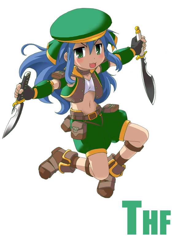 kaji sakaki, izumi konata, thief (final fantasy), final fantasy, final fantasy xi, lucky star, bad id, bad pixiv id, 1girl, boots, brown boots, cosplay, dual wielding, female focus, green hat, hat, holding, knife, midriff, solo
