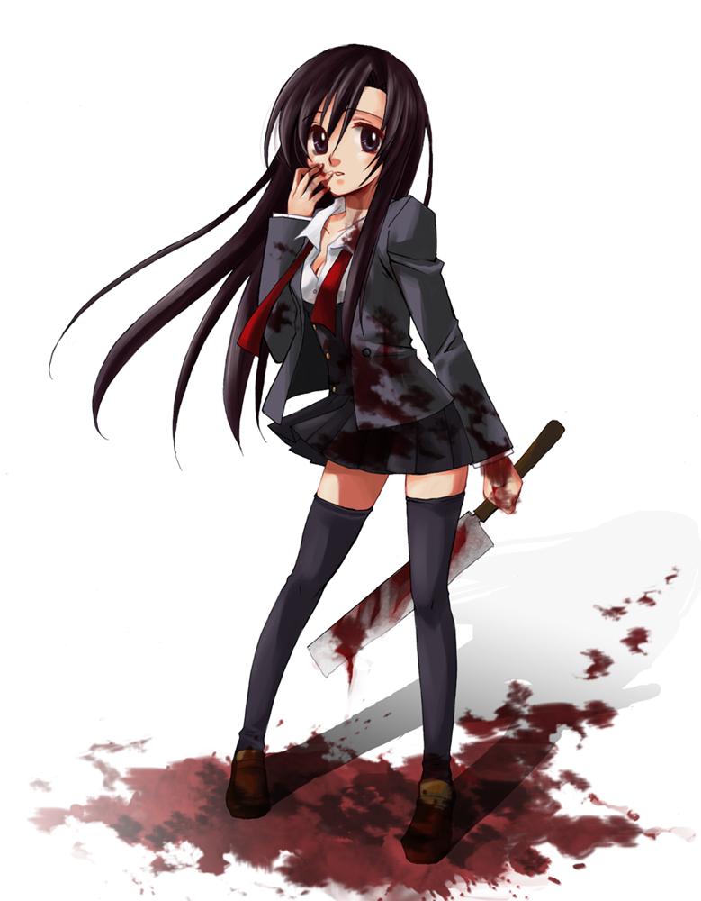 katsura kotonoha, school days, 00s, 1girl, billhook, black eyes, black hair, blood, blood stain, female focus, hashitsuki nata, hatchet, long hair, nata (tool), school uniform, solo, thighhighs, yandere, zettai ryouiki