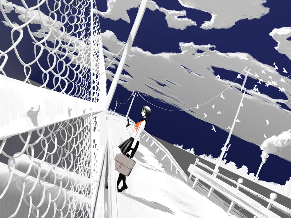 emukami, original, 1girl, bird, black hair, cellphone, cloud, female focus, monochrome, phone, power lines, school uniform, serafuku, short hair, sky, solo, spot color