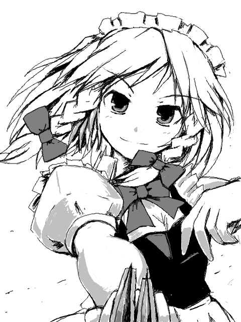 kanoe soushi, izayoi sakuya, touhou, 1girl, bow, braid, female focus, greyscale, hat, knife, maid, monochrome, ribbon, short hair, solo, throwing knife, twin braids, weapon, white background