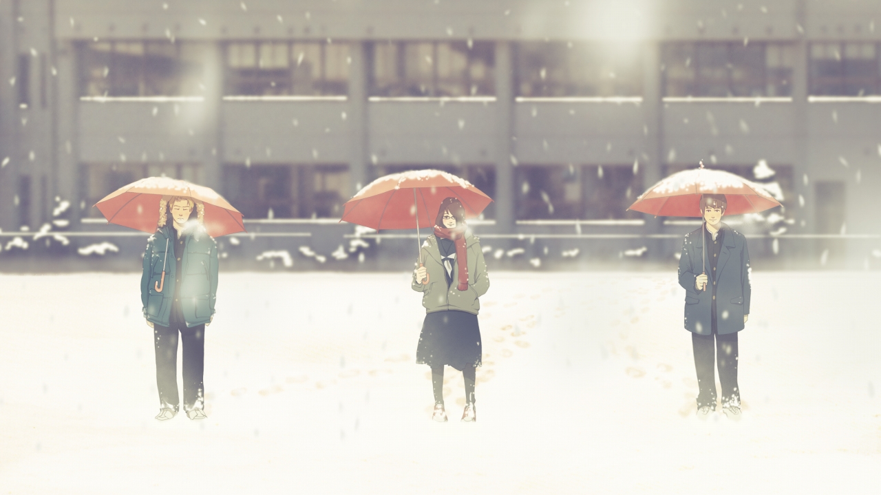 yokoya, original, 1girl, 2boys, brown hair, coat, glasses, multiple boys, pantyhose, scarf, skirt, snow, umbrella