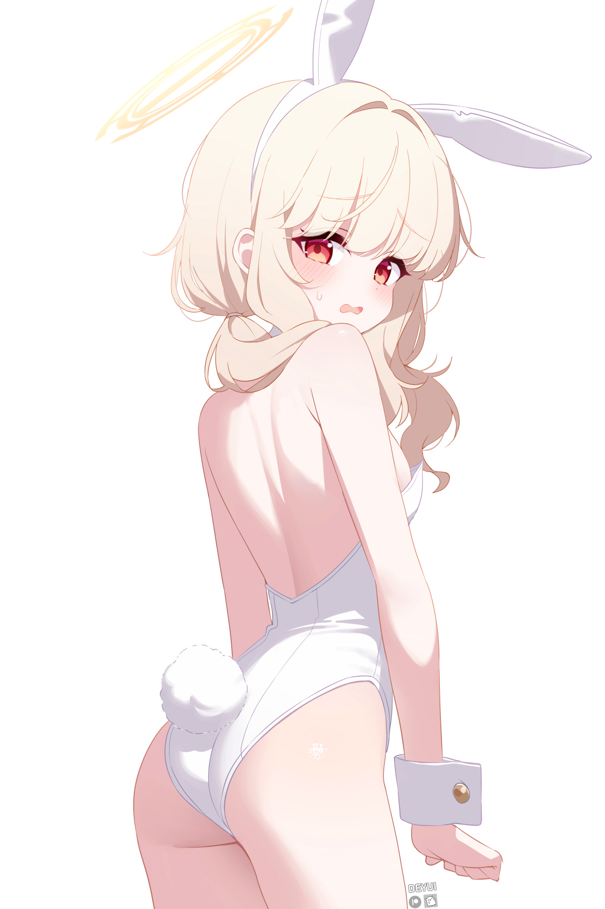 deyui, aoba (blue archive), blue archive, highres, 1girl, alternate costume, animal ear hairband, animal ears, artist name, ass, bare shoulders, blush, breasts, cowboy shot, fake animal ears, from behind, hairband, halo, interlocked fingers, leotard, long hair, looking at viewer, median furrow, open mouth, playboy bunny, rabbit ear hairband, rabbit ears, rabbit tail, red eyes, shirt, simple background, small breasts, solo, tail, thighs, white background, white leotard, white shirt, white wrist cuffs, wrist cuffs, yellow halo