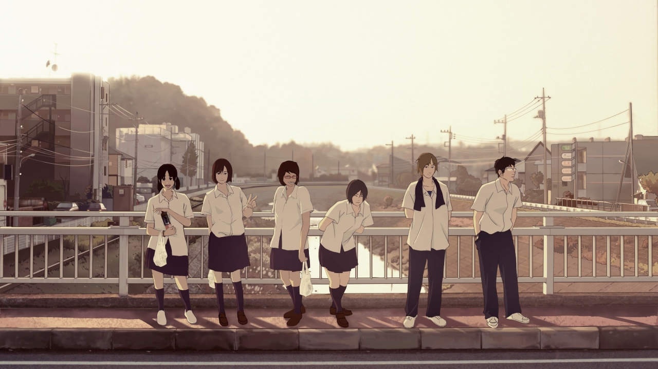 yokoya, original, 2boys, 4girls, black hair, bridge, brown hair, city, multiple boys, multiple girls, power lines, real world location, river, school uniform, short hair, skirt, slice of life, v