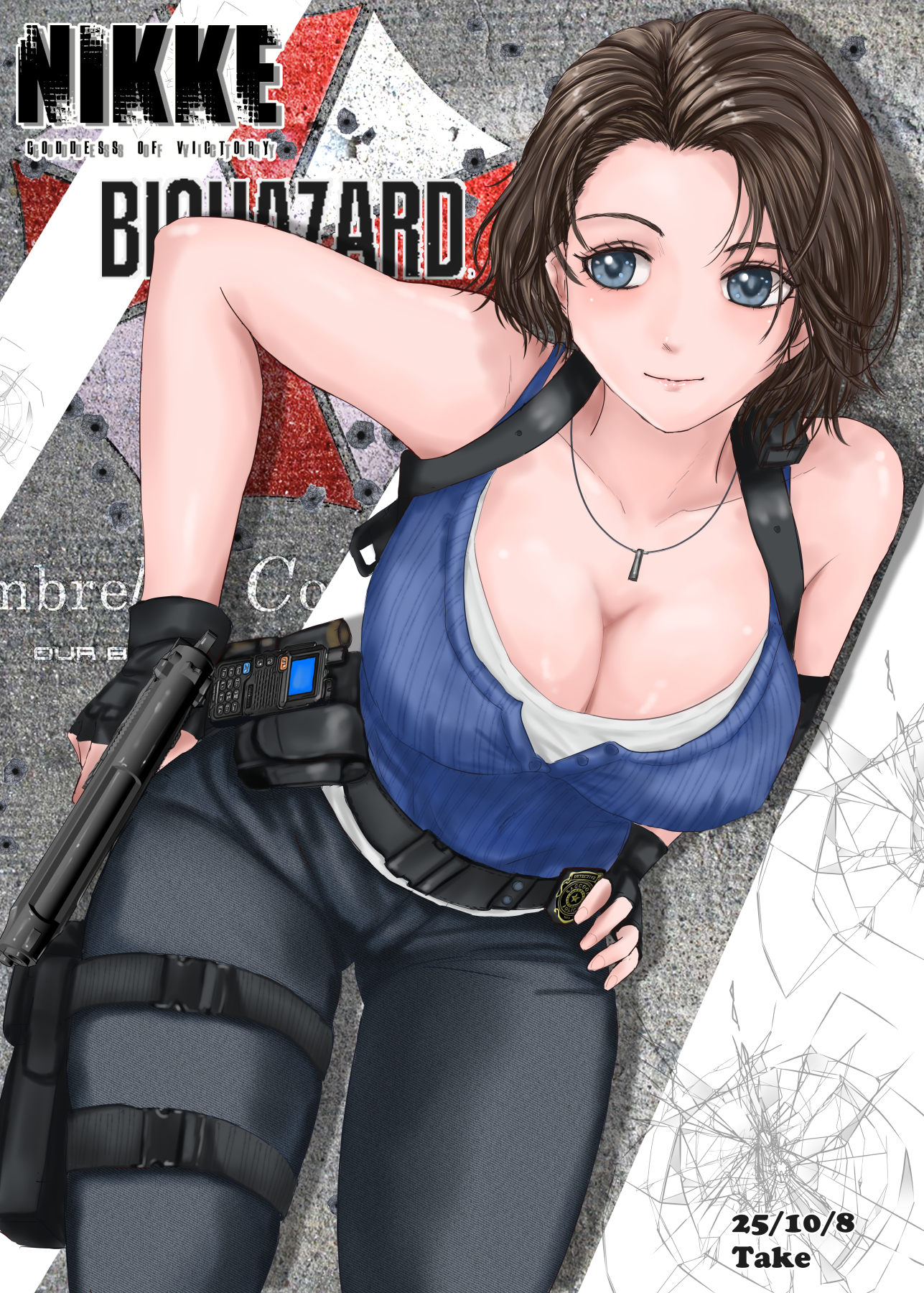 take (take-out!), jill valentine, goddess of victory: nikke, resident evil, resident evil 3: nemesis, resident evil 3 (remake), highres, 1girl, belt, black belt, black gloves, black pants, blue eyes, blue tank top, breasts, brown hair, cleavage, closed mouth, collarbone, dated, denim, fingerless gloves, gloves, gun, handgun, holding, holding gun, holding weapon, holster, jeans, jewelry, large breasts, leaning forward, pants, pendant, radio, short hair, smile, solo, tank top, thigh holster, weapon