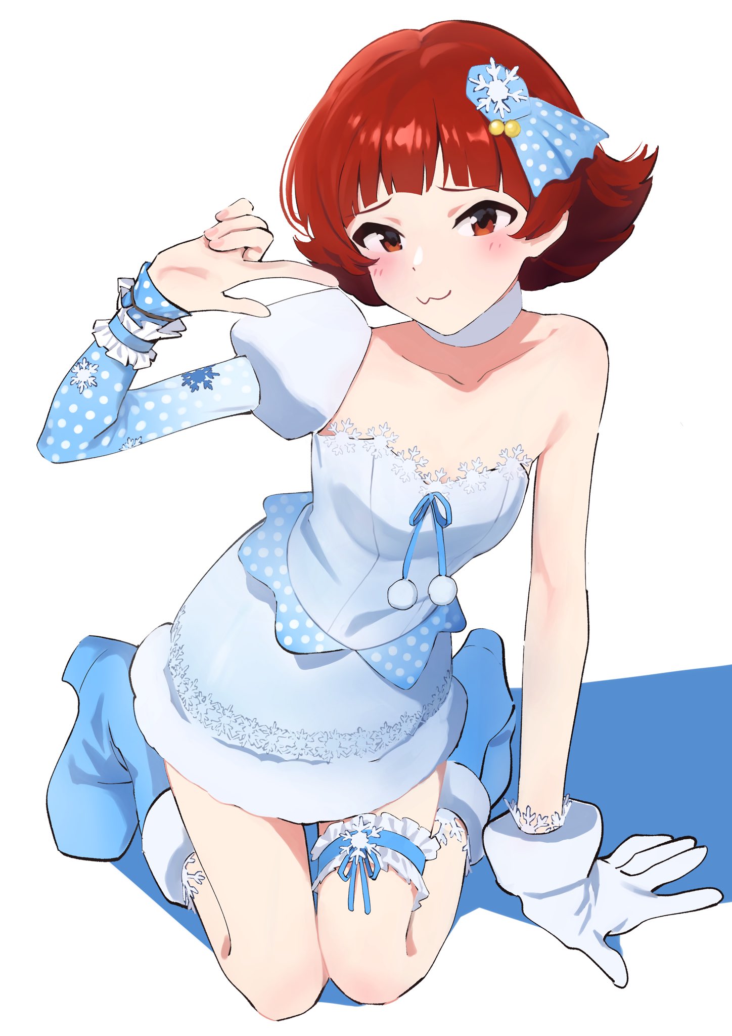 yabukara, nonohara akane, idolmaster, idolmaster million live!, highres, 1girl, :3, arm up, blue boots, blue dress, blush, boots, breasts, choker, closed mouth, detached sleeves, dress, frilled thigh strap, full body, gloves, hair ornament, kneeling, looking at viewer, red eyes, red hair, short hair, simple background, single detached sleeve, single glove, small breasts, smile, snowflake hair ornament, snowflake liliput (idolmaster), solo, strapless, strapless dress, thigh strap, white background, white choker, white gloves