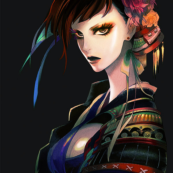 kato sayaka, original, bad id, bad pixiv id, armor, earrings, eyeshadow, jewelry, makeup, pale skin, samurai, solo