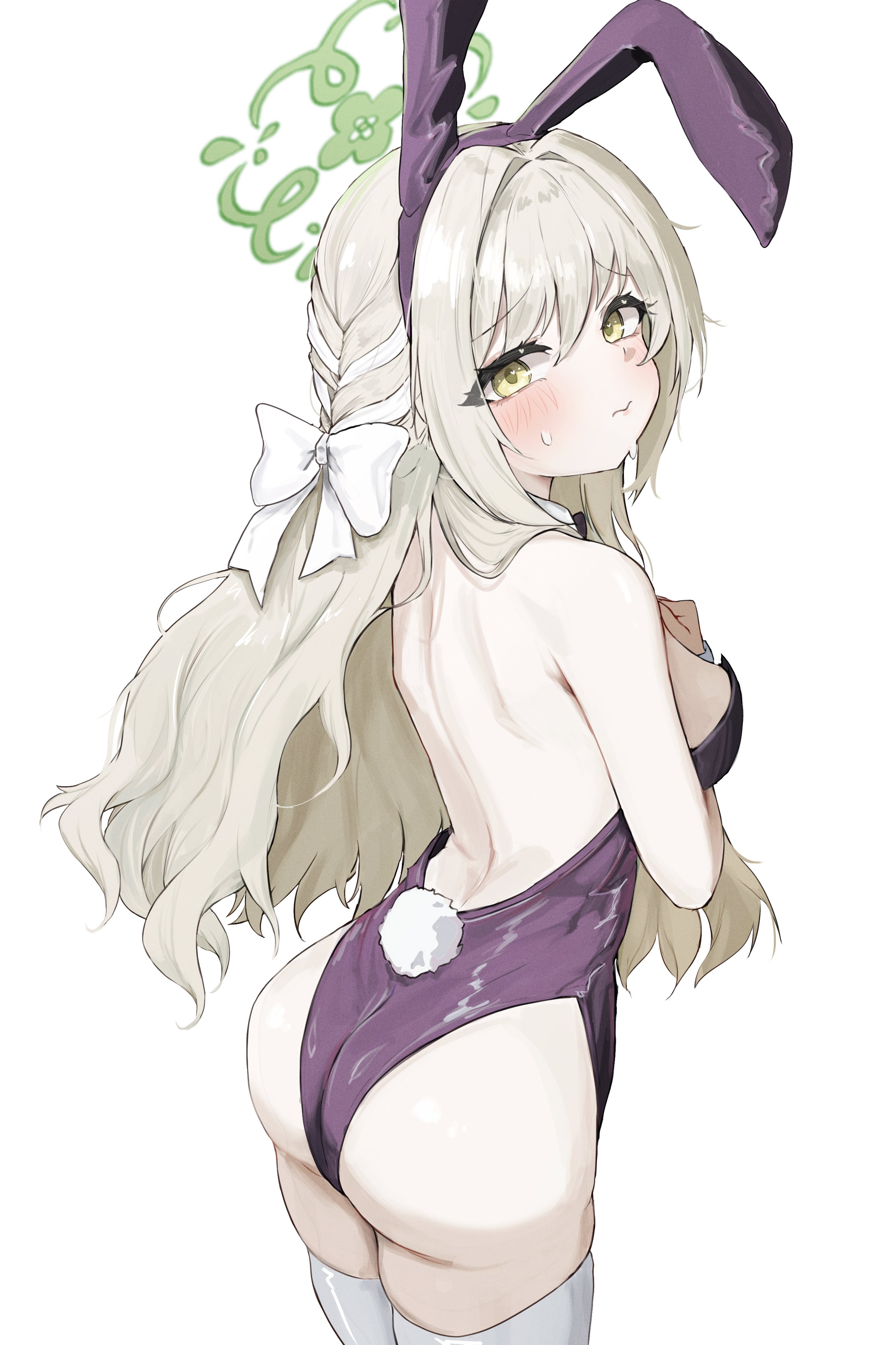 seulraimbbang, miyo (blue archive), blue archive, absurdres, highres, 1girl, alternate costume, animal ears, ass, back, backless leotard, bare shoulders, blonde hair, blush, bow, braid, breasts, closed mouth, detached collar, fake animal ears, fake tail, from behind, green eyes, grey hair, halo, leotard, long hair, looking at viewer, looking back, medium breasts, playboy bunny, purple leotard, rabbit ears, rabbit tail, simple background, solo, strapless, strapless leotard, tail, thighhighs, white background, white thighhighs, yellow eyes