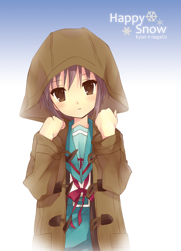 hijiki (hijikini), hijikini, nagato yuki, suzumiya haruhi no yuuutsu, eyebrows, bad id, bad pixiv id, 00s, 1girl, blue skirt, blush, brown eyes, buckle, cardigan, character name, closed mouth, coat, female focus, gradient background, head tilt, hood, long sleeves, looking at viewer, open clothes, open coat, purple hair, red ribbon, ribbon, school uniform, serafuku, short hair, skirt, snowflakes, solo, standing, upper body, yellow eyes