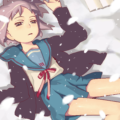 hijiri rei, nagato yuki, suzumiya haruhi no yuuutsu, lowres, 00s, 1girl, book, cardigan, female focus, lying, school uniform, serafuku, snow, solo