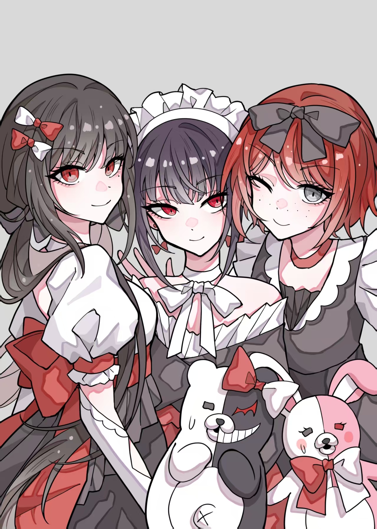 lulutmi, celestia ludenberg, harukawa maki, koizumi mahiru, monokuma, usami (danganronpa), danganronpa: trigger happy havoc, danganronpa (series), danganronpa 2: goodbye despair, danganronpa v3: killing harmony, commentary, highres, 3girls, alternate costume, black hair, blush, bow, bow earrings, brown hair, dress, earrings, enmaided, eyelashes, freckles, grey background, grey eyes, hair bow, jewelry, long hair, looking at viewer, maid, mole, mole under eye, multiple girls, neck ribbon, off-shoulder dress, off shoulder, one eye closed, puffy short sleeves, puffy sleeves, red eyes, red hair, ribbon, short hair, short sleeves, smile, upper body, very long hair