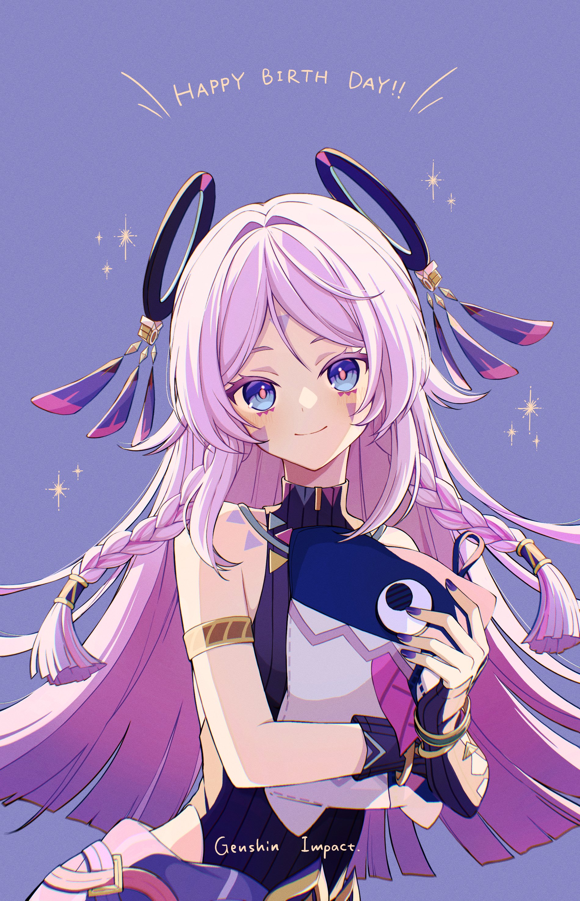 yanagida shiina, citlali (genshin impact), itzpapa (genshin impact), genshin impact, absurdres, commentary request, highres, 1girl, bare shoulders, blue eyes, blush, bracelet, braid, closed mouth, colored eyelashes, facial mark, fingerless gloves, forehead mark, gloves, gradient hair, hair intakes, happy birthday, holding, holding pillow, jewelry, leotard, long hair, looking at viewer, multicolored hair, nail polish, pillow, pink hair, pink pupils, purple background, purple gloves, purple leotard, purple nails, smile, triangle, triangle facial mark, twin braids, upper body