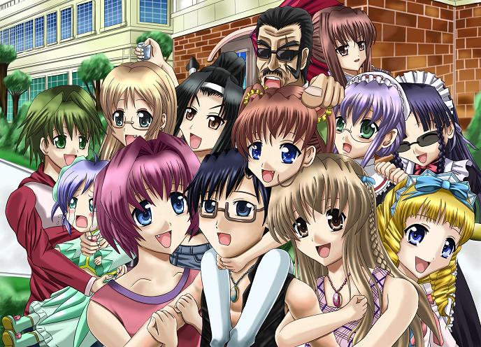 kenneth g, aki-chan, alistia rein, amamiya shiina, asakura nobunaga, ayase ruko, ayase yuuto, dojikko aki-chan, kamishiro yukari, kamishiro yukari (nogizaka), kamishiro yukari (nogizaka haruka), nanashiro nanami, nogizaka akiho, nogizaka gentou, nogizaka haruka, nogizaka mika, sakurazaka hazuki, nogizaka haruka no himitsu, 00s, 3boys, 6+girls, :d, black hair, blonde hair, blue eyes, blush, brown hair, building, drill hair, everyone, head tilt, looking at viewer, multiple boys, multiple girls, open mouth, outdoors, plant, red hair, short hair, smile, sunglasses, tareme, tree, twin drills, twintails, wrinkled skin
