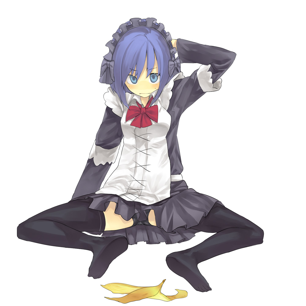hama (22ji kara 24ji), original, banana peel, black panties, blue eyes, blue hair, maid, panties, pantyshot, skirt, solo, thighhighs, underwear