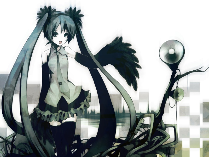tom (pixiv17343), tomsan, hatsune miku, vocaloid, bad id, bad pixiv id, detached sleeves, headset, long hair, necktie, skirt, solo, spring onion, thighhighs, twintails, very long hair