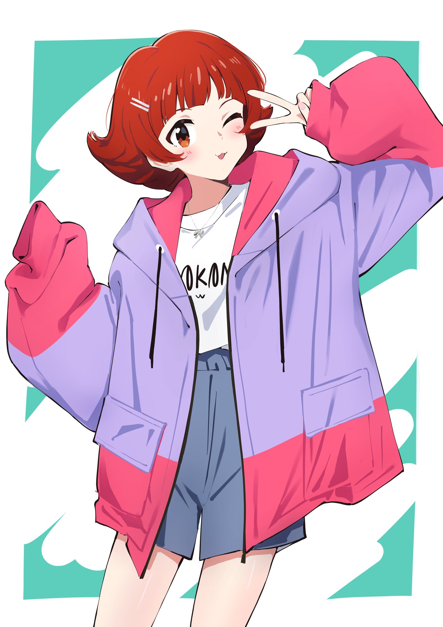 yabukara, nonohara akane, idolmaster, idolmaster million live!, highres, 1girl, :3, arm up, blush, brown eyes, clothes writing, cowboy shot, drawstring, hair ornament, hairclip, hand up, hood, hood down, hooded jacket, jacket, jewelry, long sleeves, looking at viewer, necklace, one eye closed, open clothes, open jacket, purple jacket, red hair, shirt, shirt tucked in, short hair, shorts, simple background, sleeves past fingers, sleeves past wrists, smile, solo, standing, v, white background, white shirt