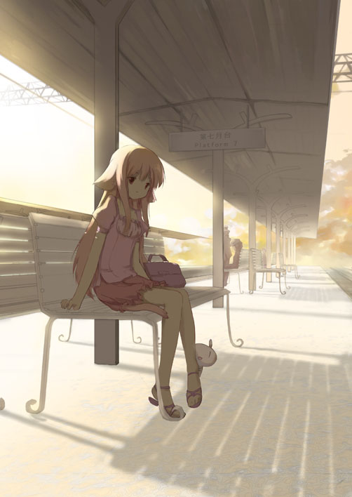 ritsuki, animal ears, bench, blonde hair, dusk, long hair, sitting, skirt, solo, train station