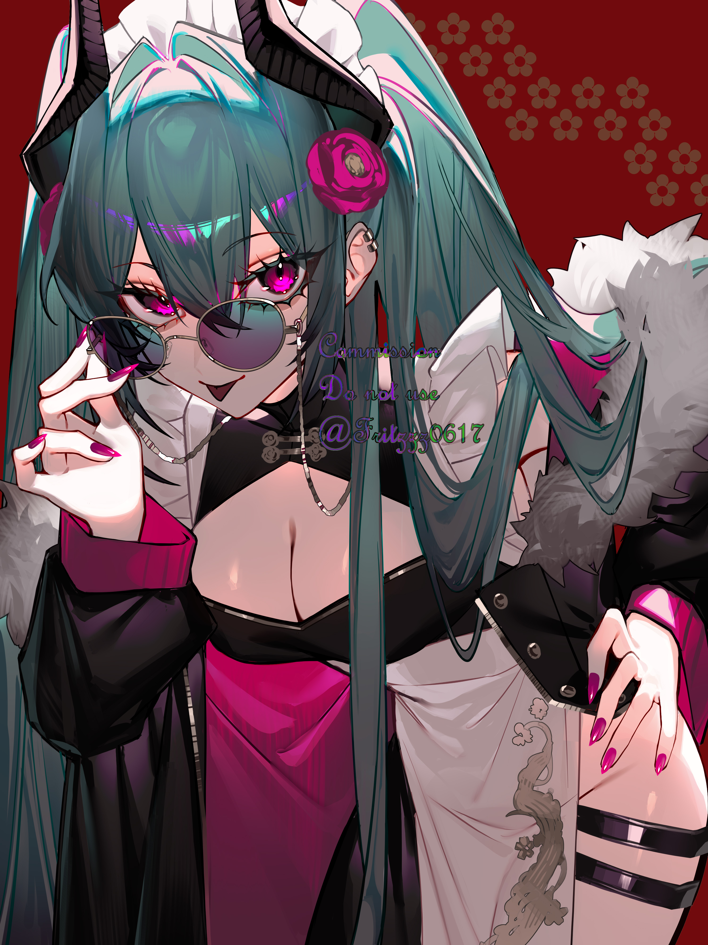 furittsu, original, absurdres, commentary, commission, highres, skeb commission, 1girl, adjusting eyewear, aqua hair, black dress, black horns, borrowed character, breasts, china dress, chinese clothes, cleavage, double-parted bangs, dress, flower, hair between eyes, hair flower, hair ornament, hand on own hip, horns, leaning forward, long hair, looking at viewer, maid headdress, medium breasts, morello (morellostorment), nail polish, pelvic curtain, purple eyes, purple flower, purple nails, purple rose, rose, solo, thigh strap, tongue, tongue out, twintails, twitter username, very long hair, white headdress