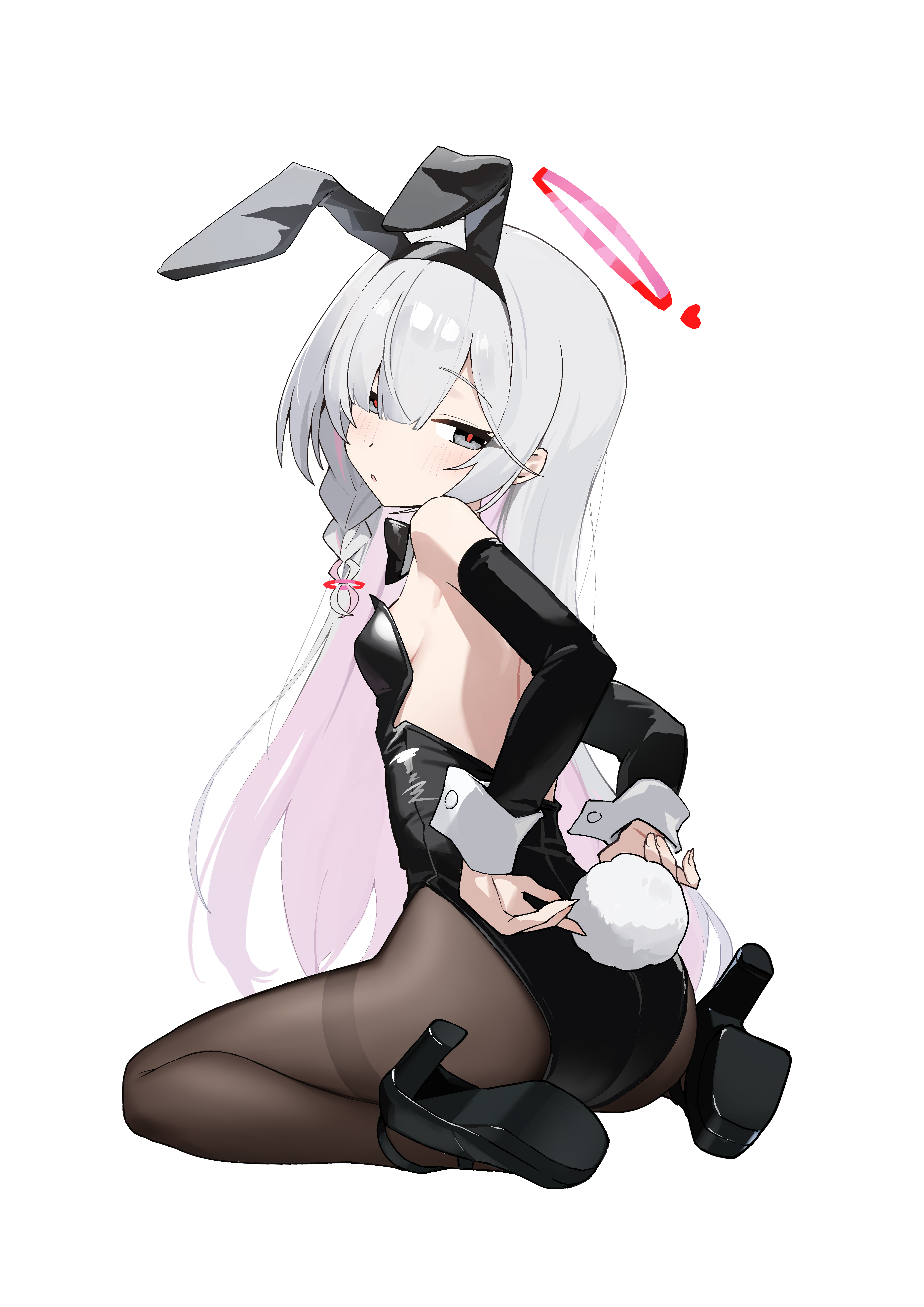 kaminari (edeath), plana (blue archive), blue archive, absurdres, commentary, highres, 1girl, alternate costume, animal ears, backless leotard, bare shoulders, black bow, black bowtie, black leotard, black pantyhose, black shoes, bow, bowtie, breasts, colored inner hair, detached sleeves, fake animal ears, fake tail, from behind, grey eyes, grey hair, hair over one eye, halo, heart, high heels, leotard, light blush, long hair, multicolored hair, pantyhose, pink hair, pink halo, playboy bunny, rabbit ears, rabbit tail, red pupils, shoes, sideboob, simple background, sitting, small breasts, solo, swept bangs, tail, thighband pantyhose, traditional bowtie, very long hair, wariza, white background, white wrist cuffs, wrist cuffs