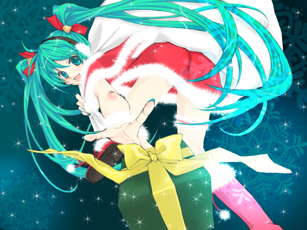 sarasara1013, hatsune miku, vocaloid, bad id, bad pixiv id, 1girl, aqua eyes, aqua hair, bag, bell, christmas, female focus, gift, long hair, sack, santa costume, solo, twintails
