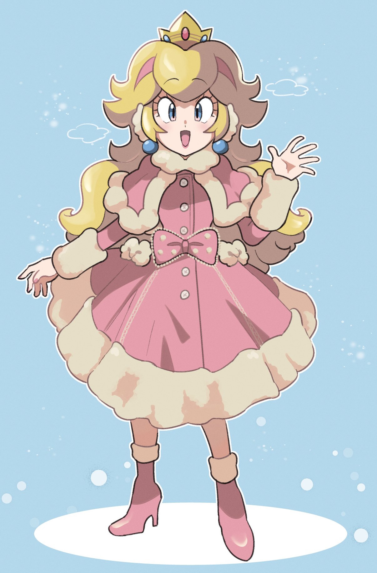 loveycloud, princess peach, mario (series), nintendo, commentary, english commentary, highres, 1girl, :d, blue background, blue eyes, blush, boots, bow, buttons, capelet, crown, dress, earmuffs, earrings, eyelashes, fur-trimmed capelet, fur-trimmed dress, fur-trimmed sleeves, fur trim, hair between eyes, hand up, high heel boots, high heels, jewelry, long hair, long sleeves, looking at viewer, mini crown, open mouth, outline, pink boots, pink bow, pink capelet, pink dress, pink hair, sidelocks, smile, snowing, solo, sphere earrings, standing, very long hair, waving, wavy hair, white outline