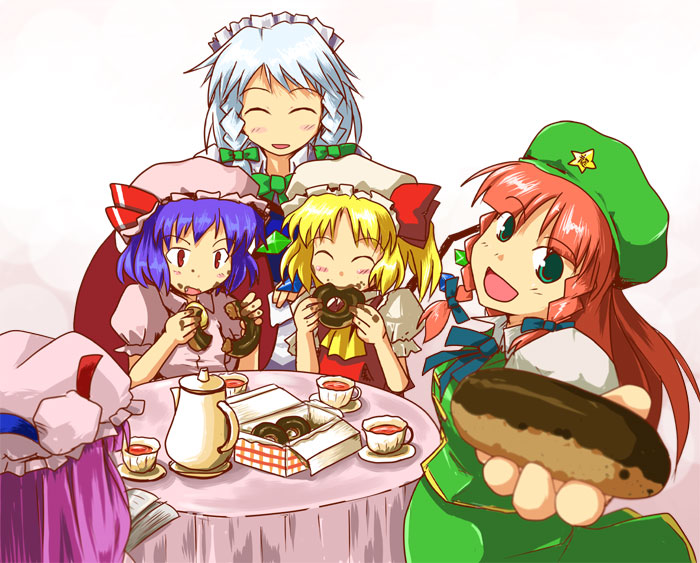 kanoe soushi, flandre scarlet, hong meiling, izayoi sakuya, patchouli knowledge, remilia scarlet, embodiment of scarlet devil, touhou, silver hair, 5girls, blonde hair, blue eyes, blue hair, book, bow, braid, china dress, chinese clothes, donut, dress, eating, female focus, food, food on face, gift, gradient background, green eyes, happy, hat, long hair, maid, mob cap, multiple girls, purple eyes, purple hair, red eyes, red hair, ribbon, short hair, sitting, skirt, tea, twin braids, upper body, white background