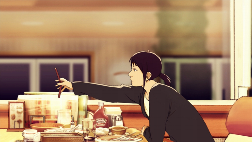 yokoya, original, 1girl, brown hair, cellphone, contemporary, female focus, food, phone, ponytail, reaching, restaurant, solo