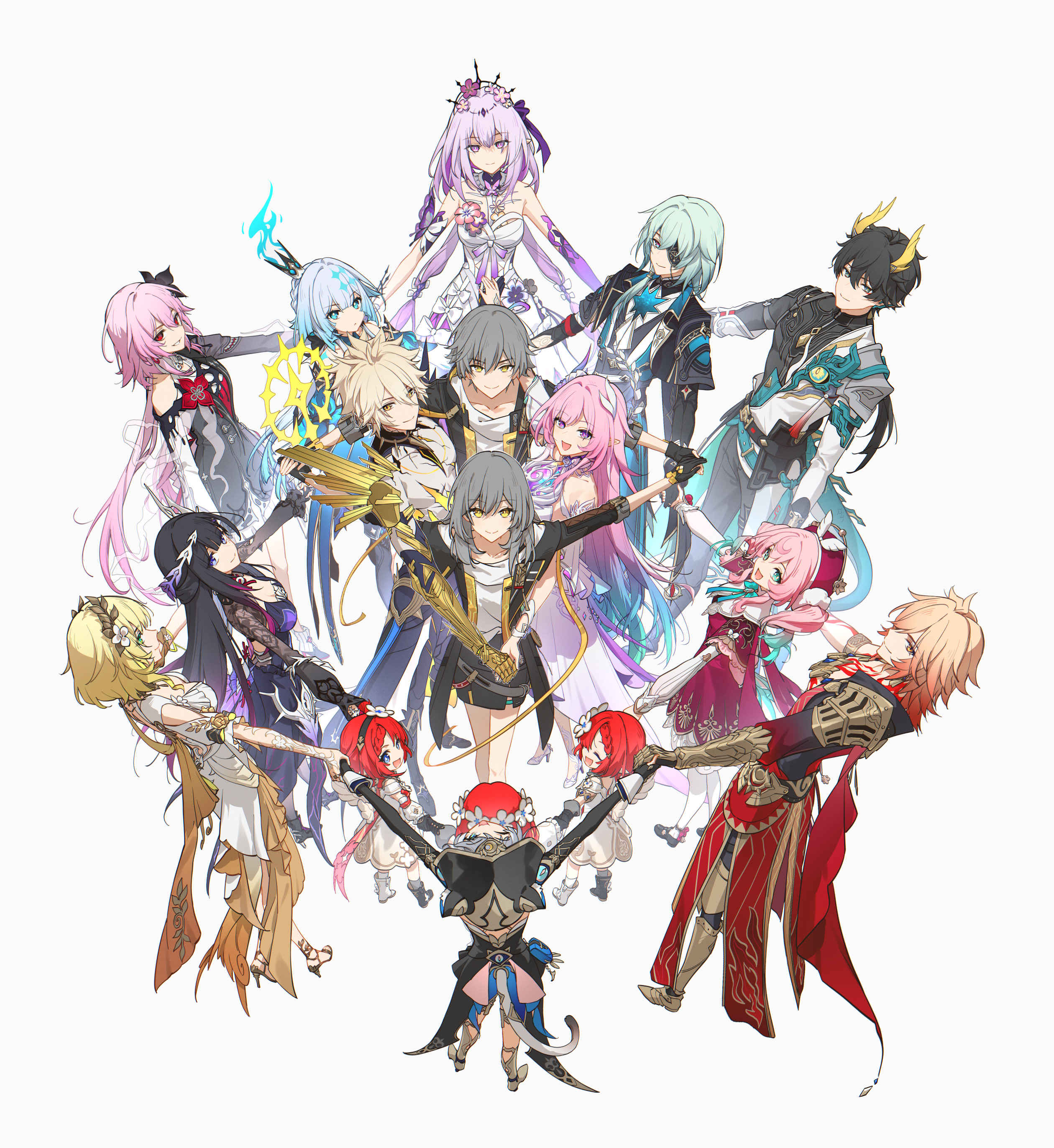 hei lang, aglaea (honkai: star rail), anaxa (honkai: star rail), caelus (honkai: star rail), castorice (honkai: star rail), cerydra (honkai: star rail), cipher (honkai: star rail), cyrene (ripples of past reverie) (honkai: star rail), dan heng (honkai: star rail), dan heng (permansor terrae) (honkai: star rail), evernight (honkai: star rail), hyacine (honkai: star rail), hysilens (honkai: star rail), march 7th (honkai: star rail), mydei (honkai: star rail), phainon (honkai: star rail), phainon (khaslana) (honkai: star rail), stelle (honkai: star rail), trailblazer (honkai: star rail), trianne (honkai: star rail), tribbie (honkai: star rail), trinnon (honkai: star rail), honkai: star rail, honkai (series), absurdres, highres, 5boys, 6+girls, ancient greek clothes, armor, bare shoulders, black hair, blonde hair, cape, cat girl, chrysos heirs (honkai: star rail), crown, dragon boy, dress, gauntlets, gloves, gradient hair, greco-roman clothes, green hair, grey hair, hair ornament, halo, high heels, holding hands, horns, long hair, medium hair, mini crown, multicolored hair, multiple boys, multiple girls, pants, pink hair, purple hair, red hair, skirt, tail, tiara, very long hair, white background, white hair
